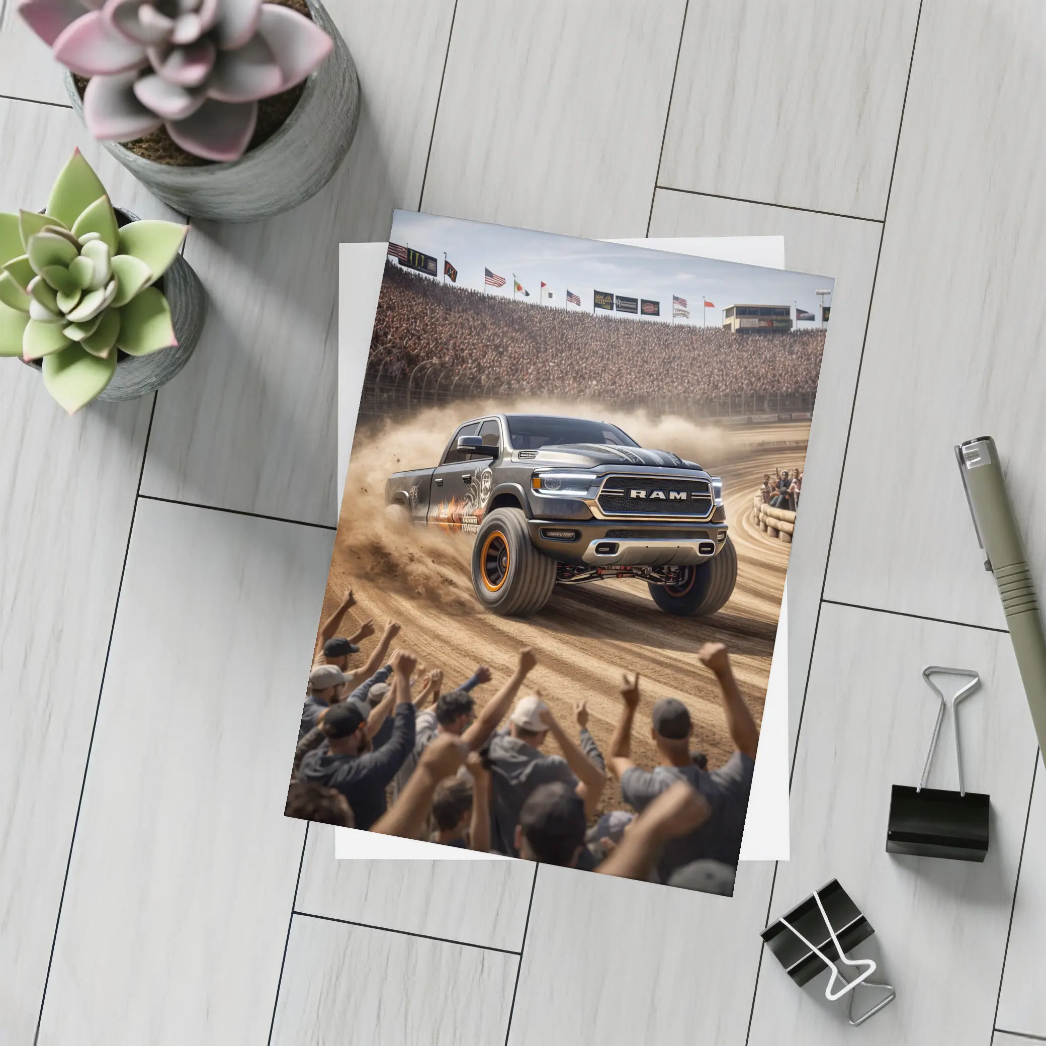 Ram Truck Tearing Through Dirt Race Arena – Postcards
