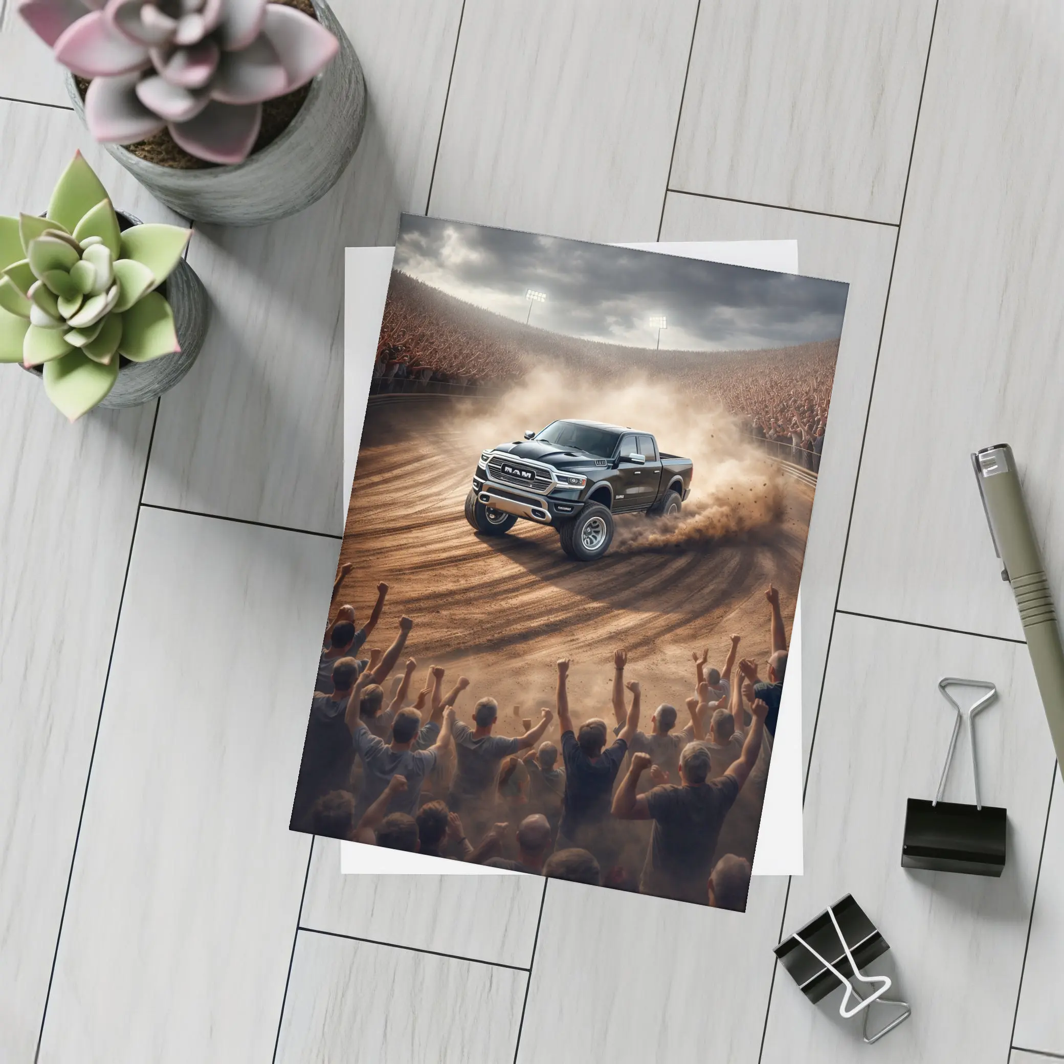 Ram Truck Drifting Dirt Track Crowd – Postcards
