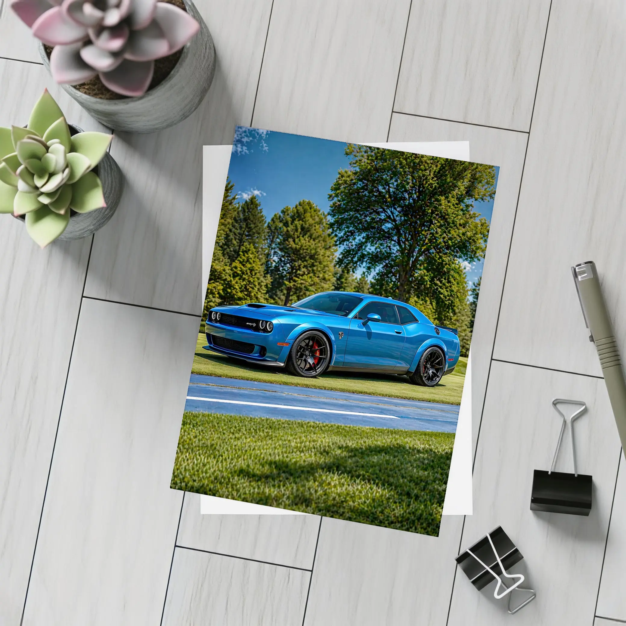 Dodge Challenger SRT Hellcat Blue Sunny Day – Postcards