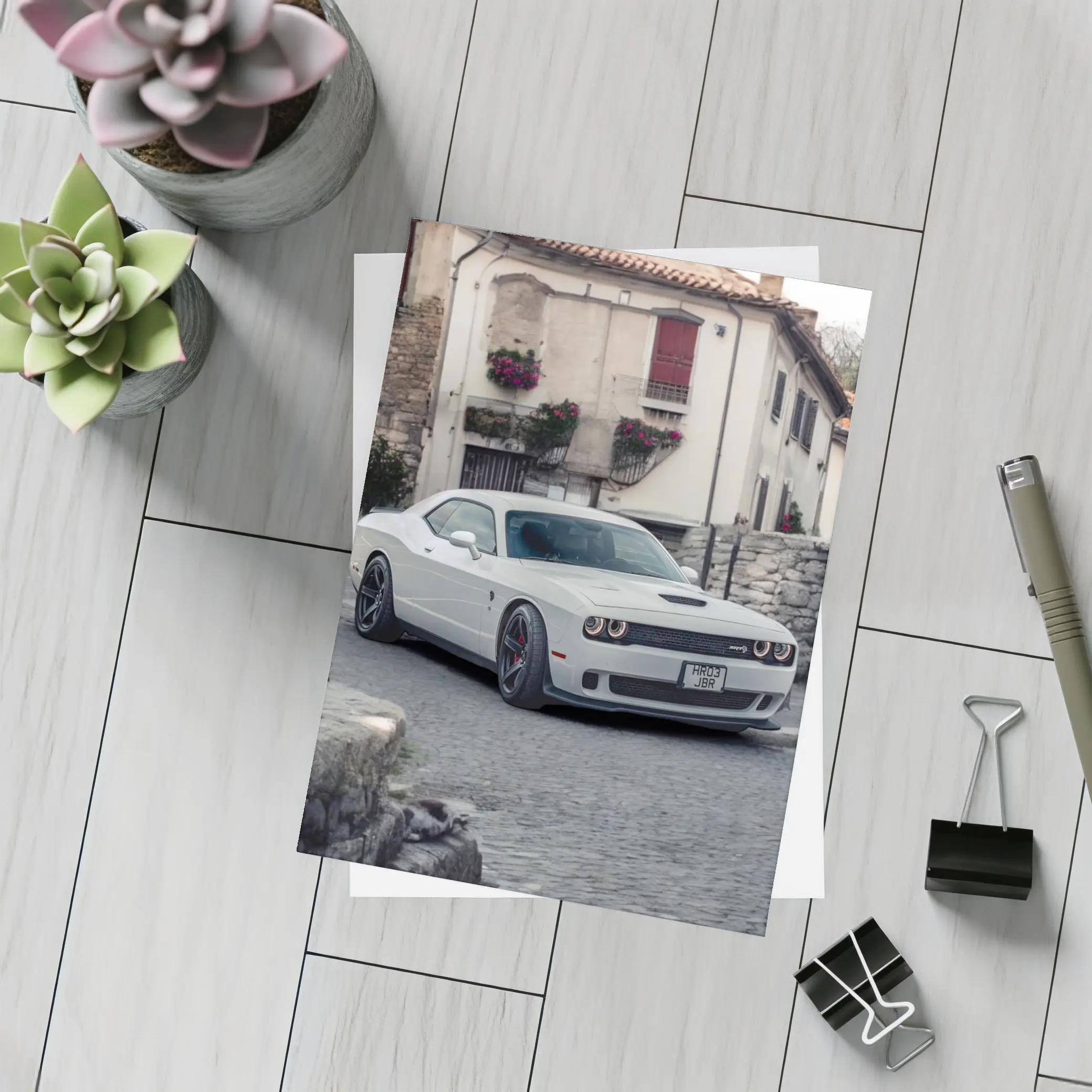 Dodge Challenger SRT White Old Town Street – Postcards