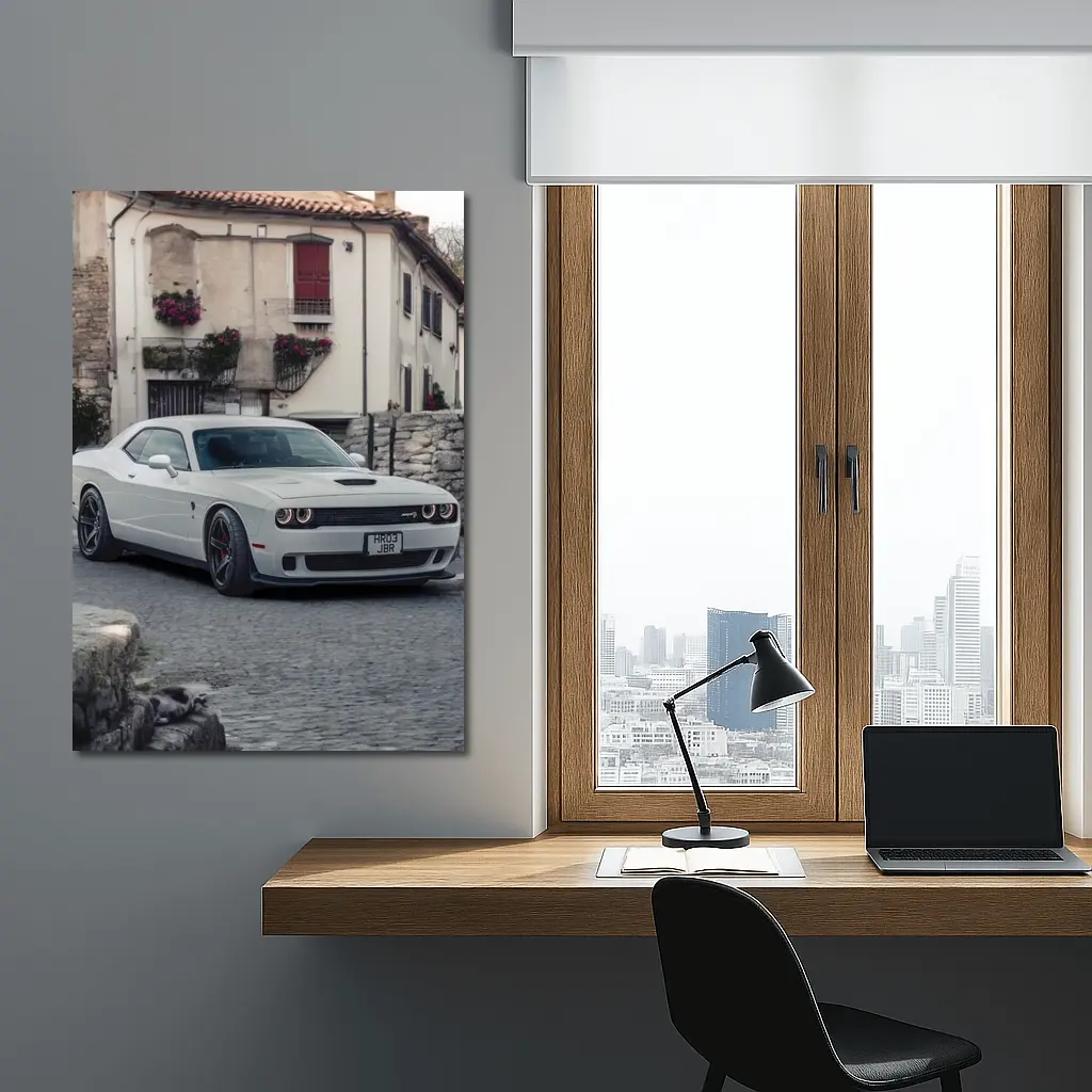 Dodge Challenger SRT White Old Town Street – Wall Art