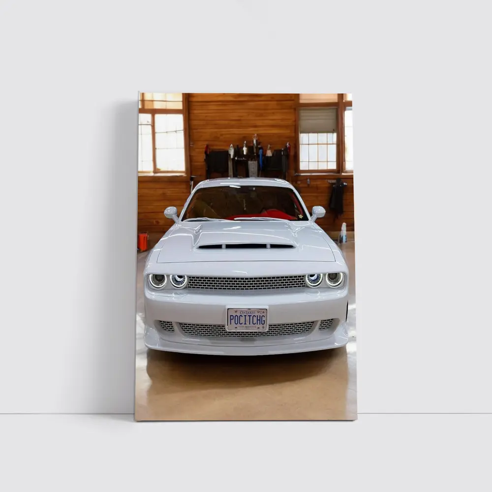 White Dodge Challenger SRT Garage Front View – Wall Art