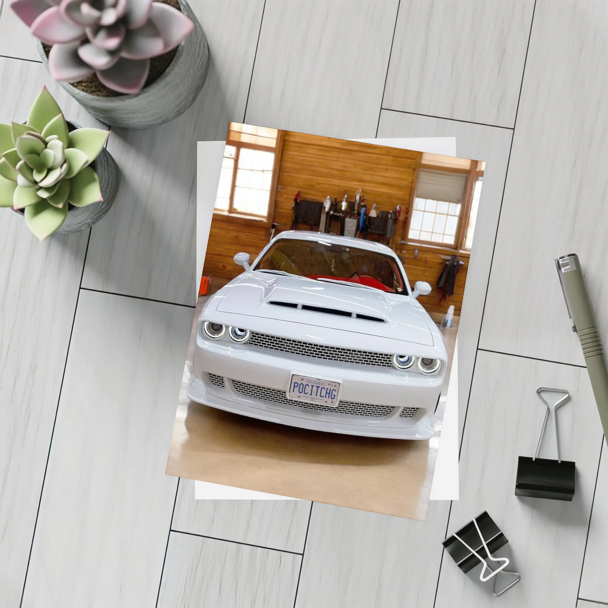 White Dodge Challenger SRT Garage Front View – Postcards