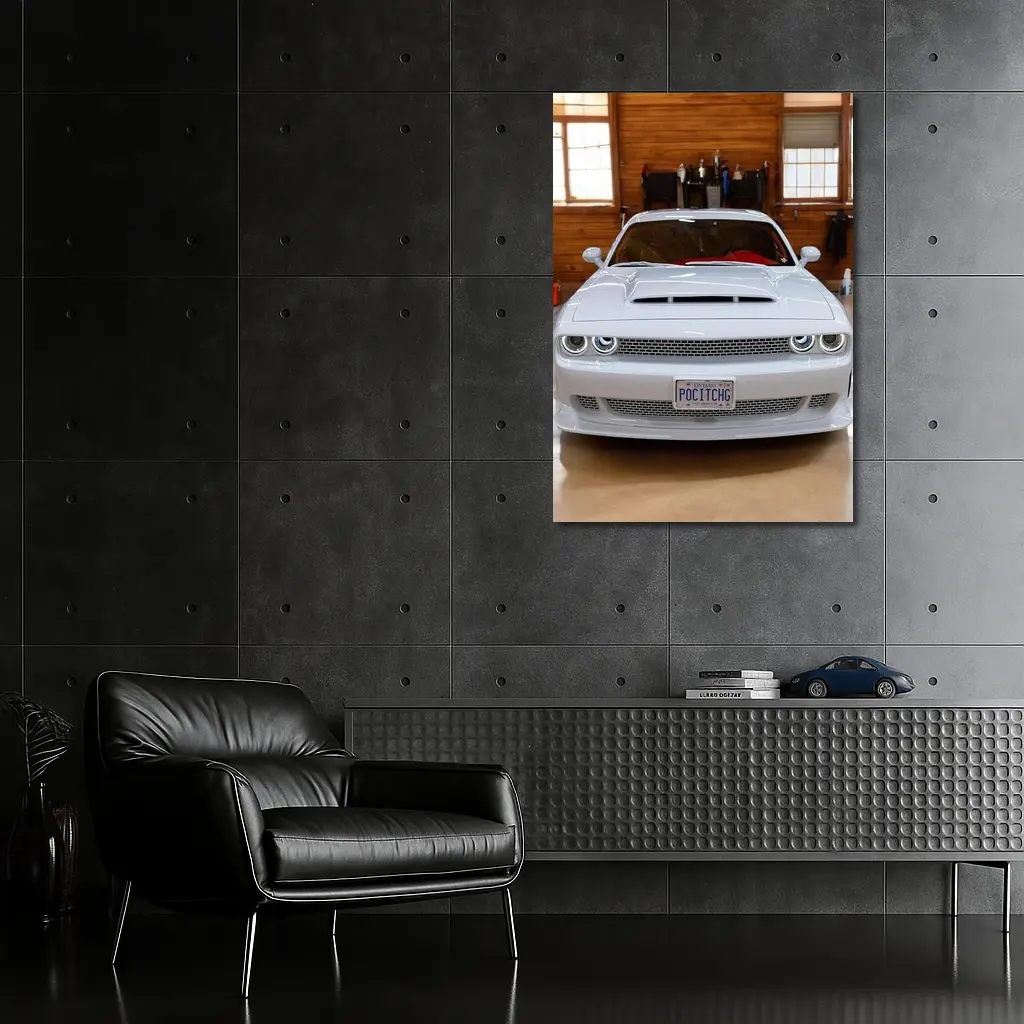 White Dodge Challenger SRT Garage Front View – Wall Art