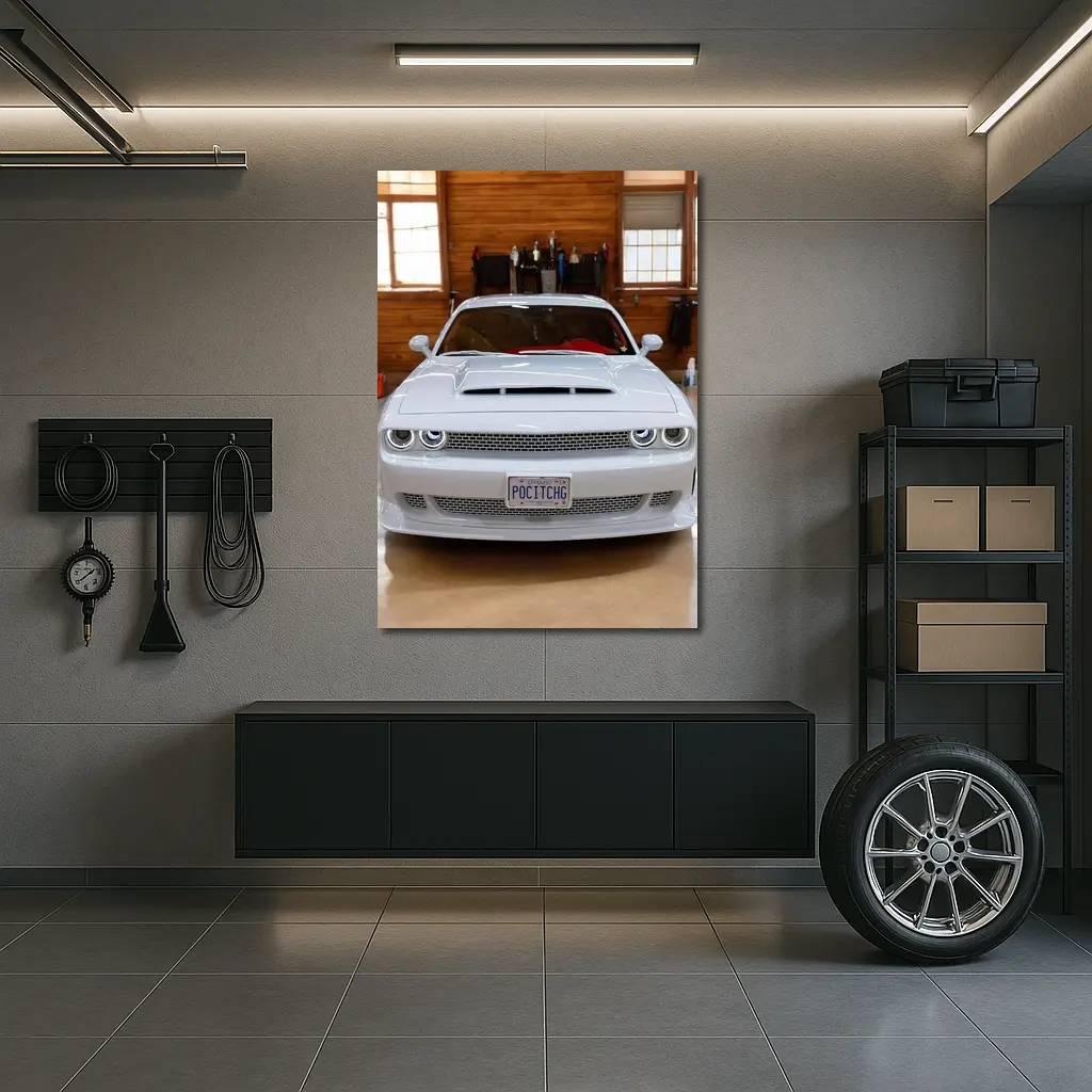 White Dodge Challenger SRT Garage Front View – Wall Art