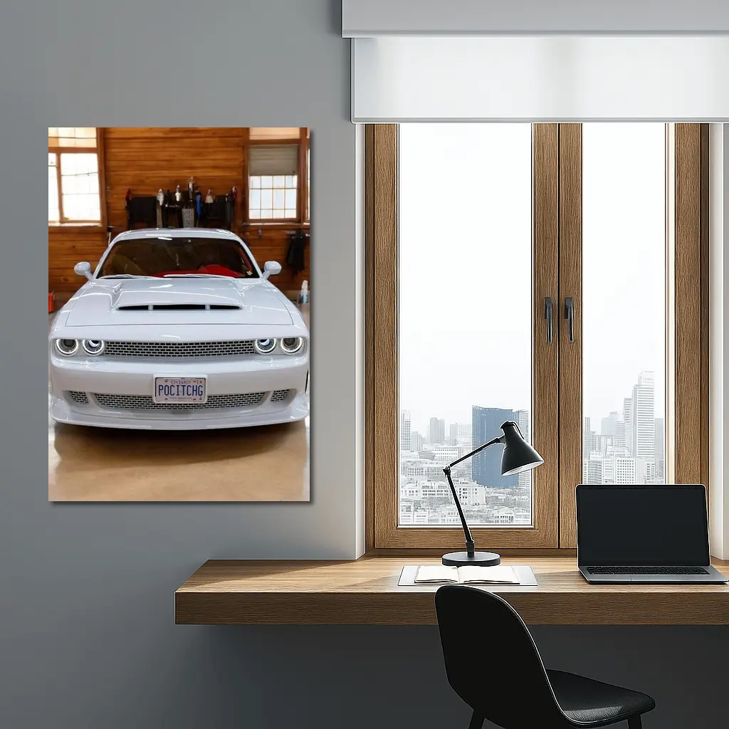 White Dodge Challenger SRT Garage Front View – Wall Art