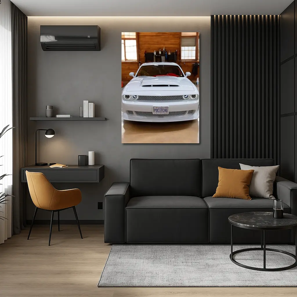 White Dodge Challenger SRT Garage Front View – Wall Art