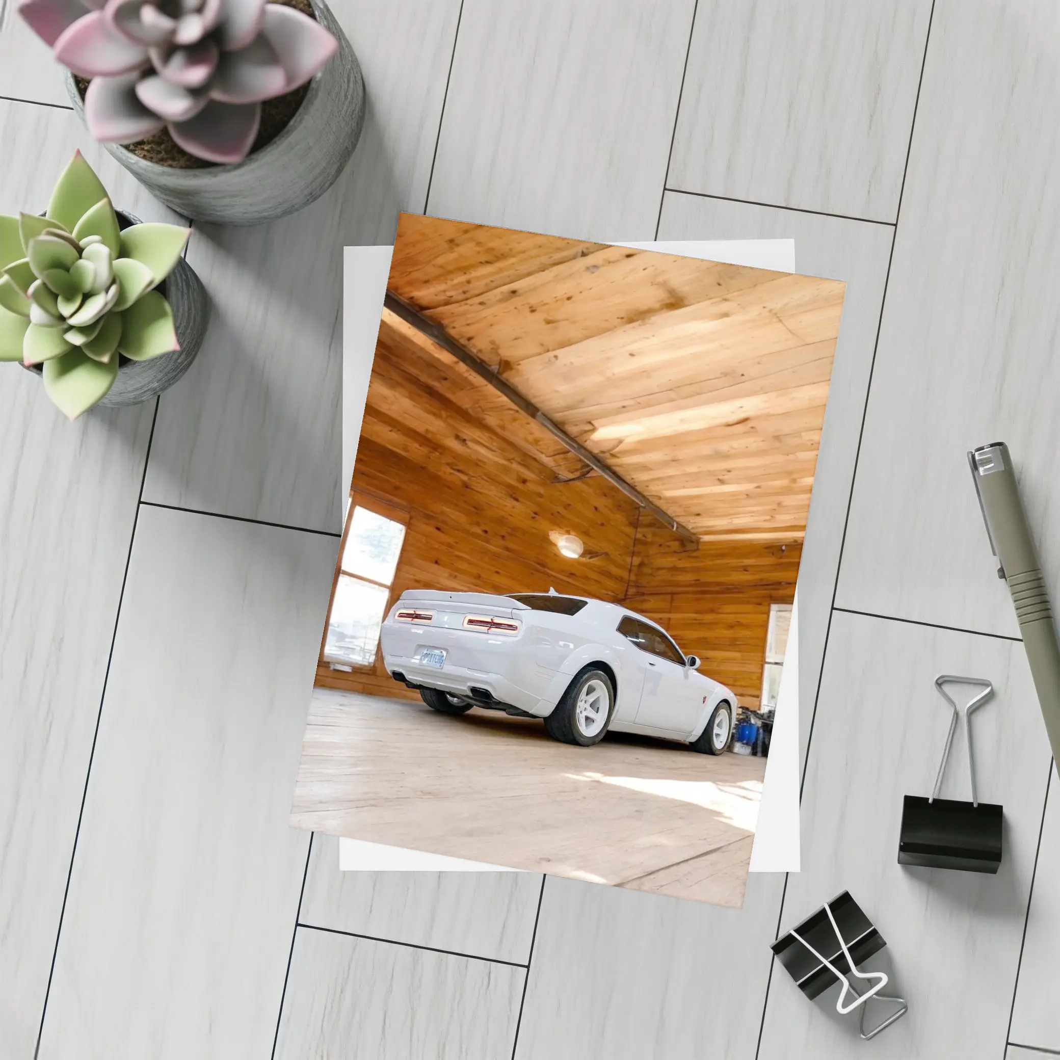 Dodge Charger White Muscle Car Wooden Garage – Postcards