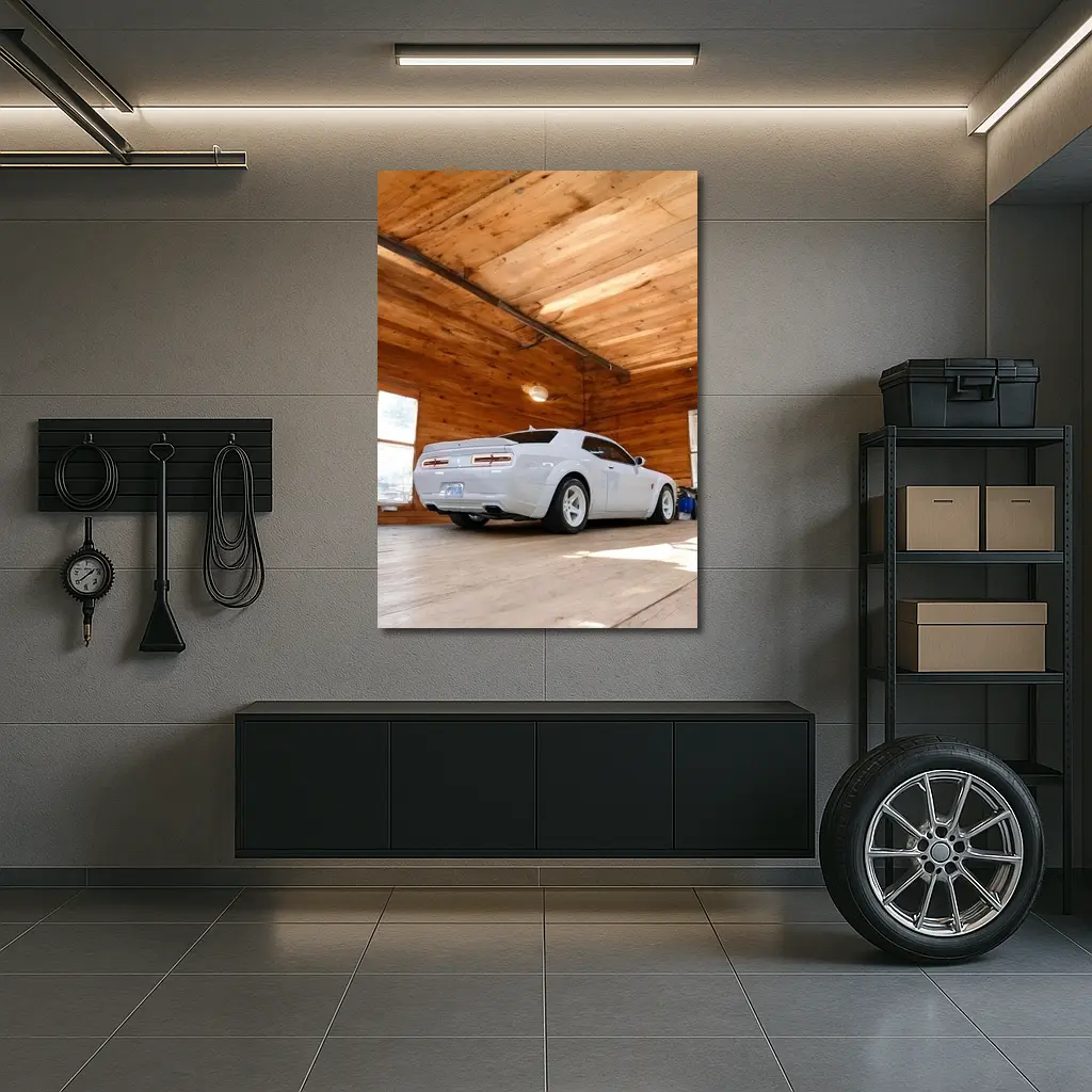 Dodge Charger White Muscle Car Wooden Garage – Wall Art