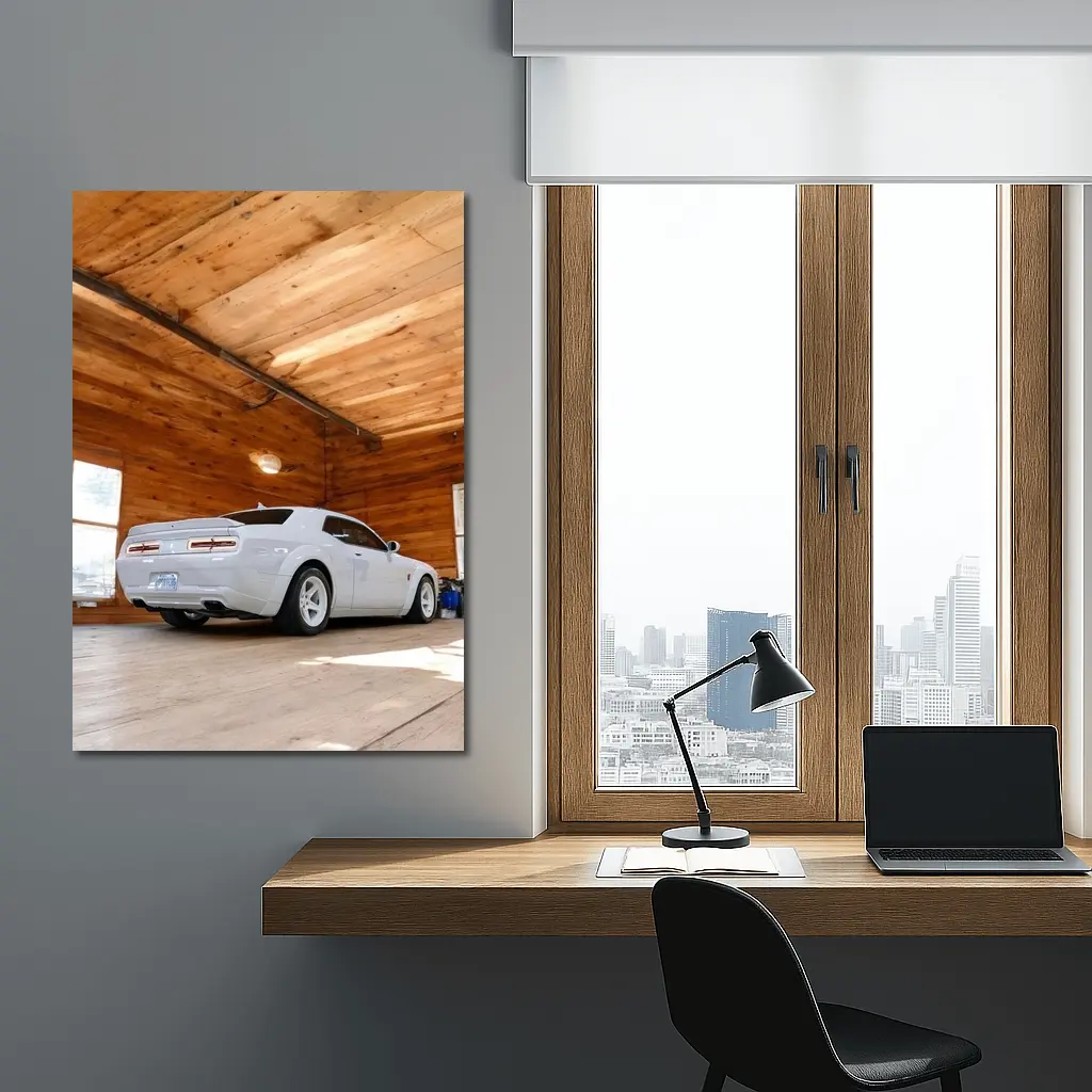 Dodge Charger White Muscle Car Wooden Garage – Wall Art