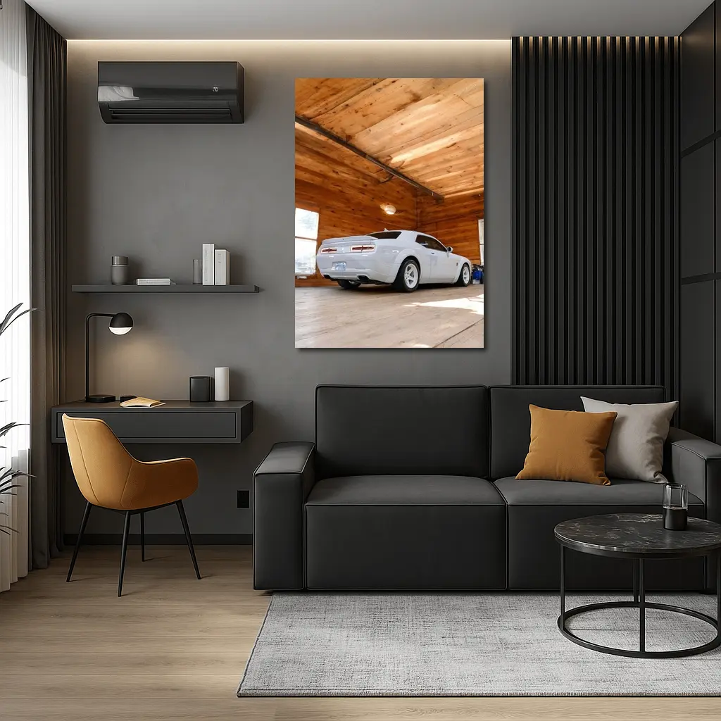 Dodge Charger White Muscle Car Wooden Garage – Wall Art