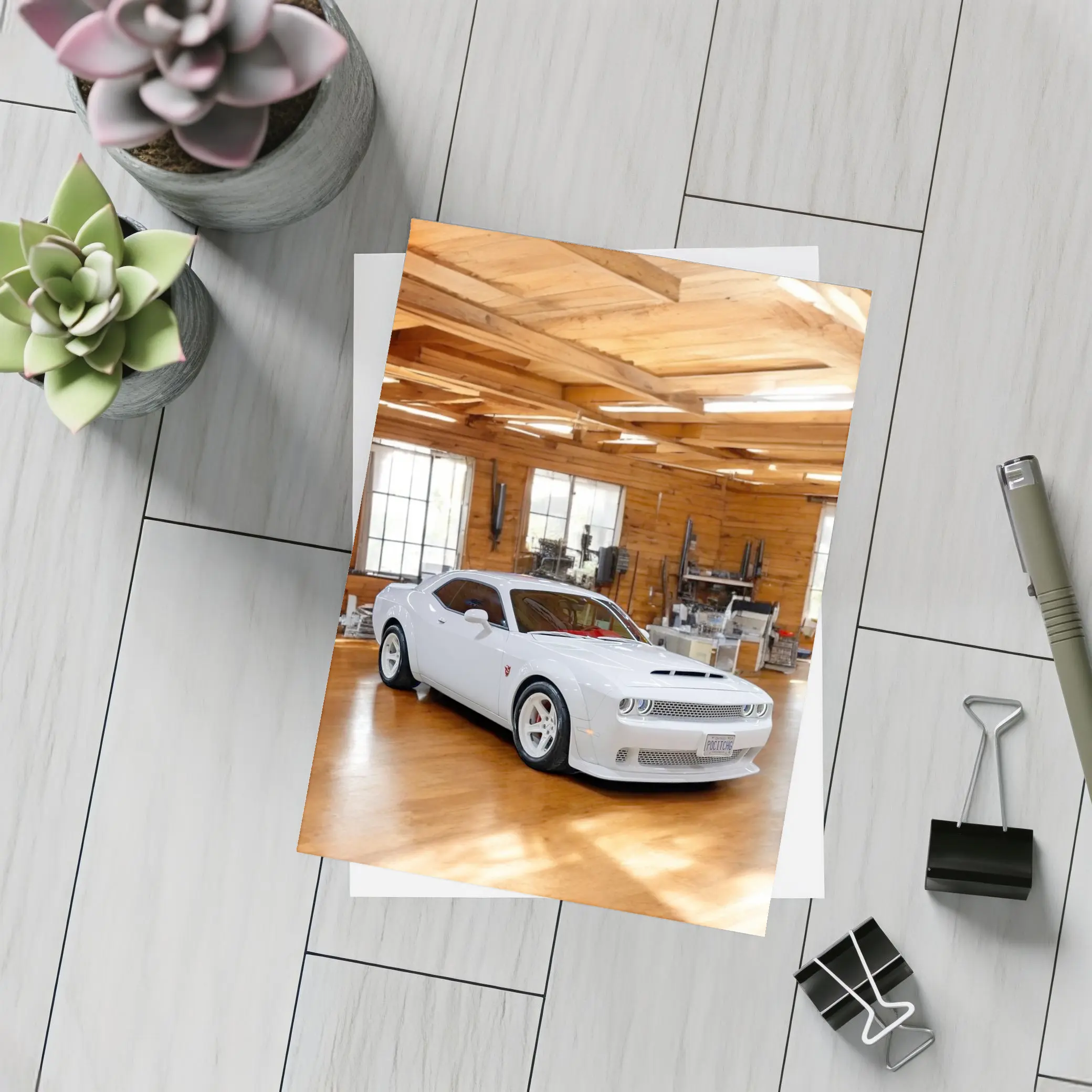Dodge Challenger SRT White Muscle Car Garage – Postcards