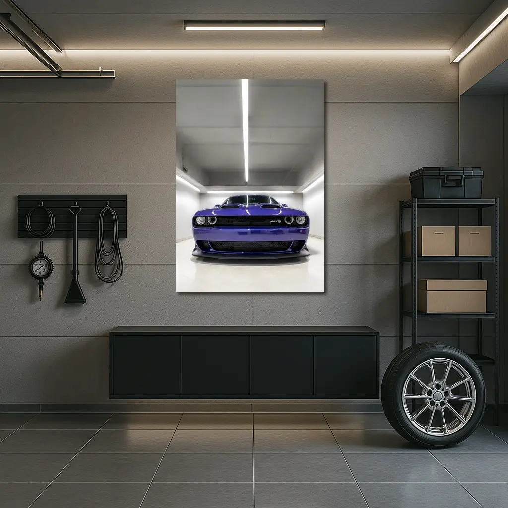 Dodge Challenger SRT Purple Garage Front View – Wall Art
