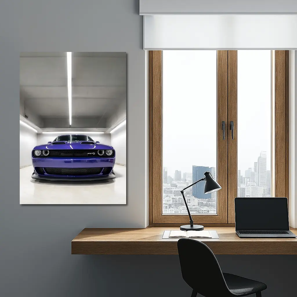 Dodge Challenger SRT Purple Garage Front View – Wall Art