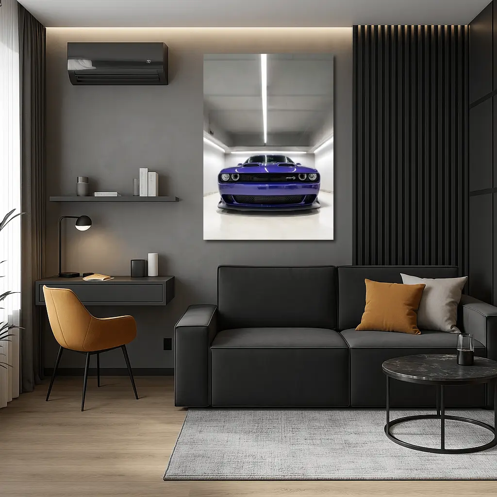 Dodge Challenger SRT Purple Garage Front View – Wall Art