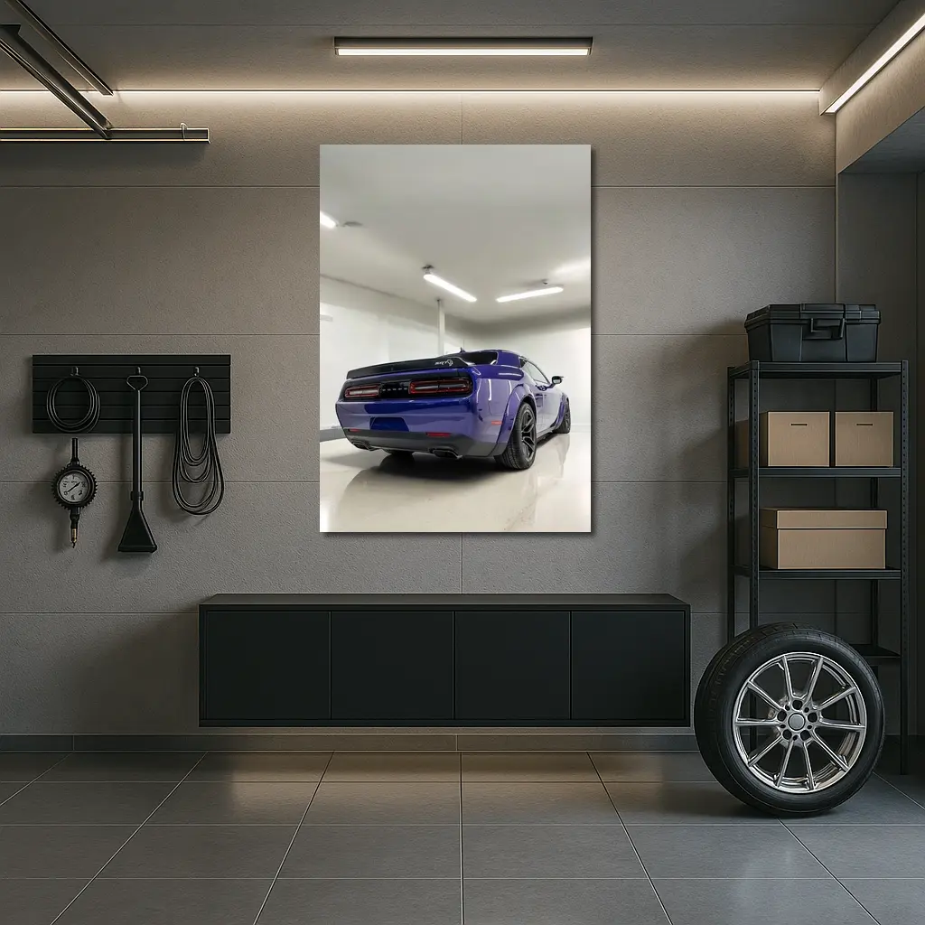 Dodge Challenger SRT Purple Garage Rear View – Wall Art