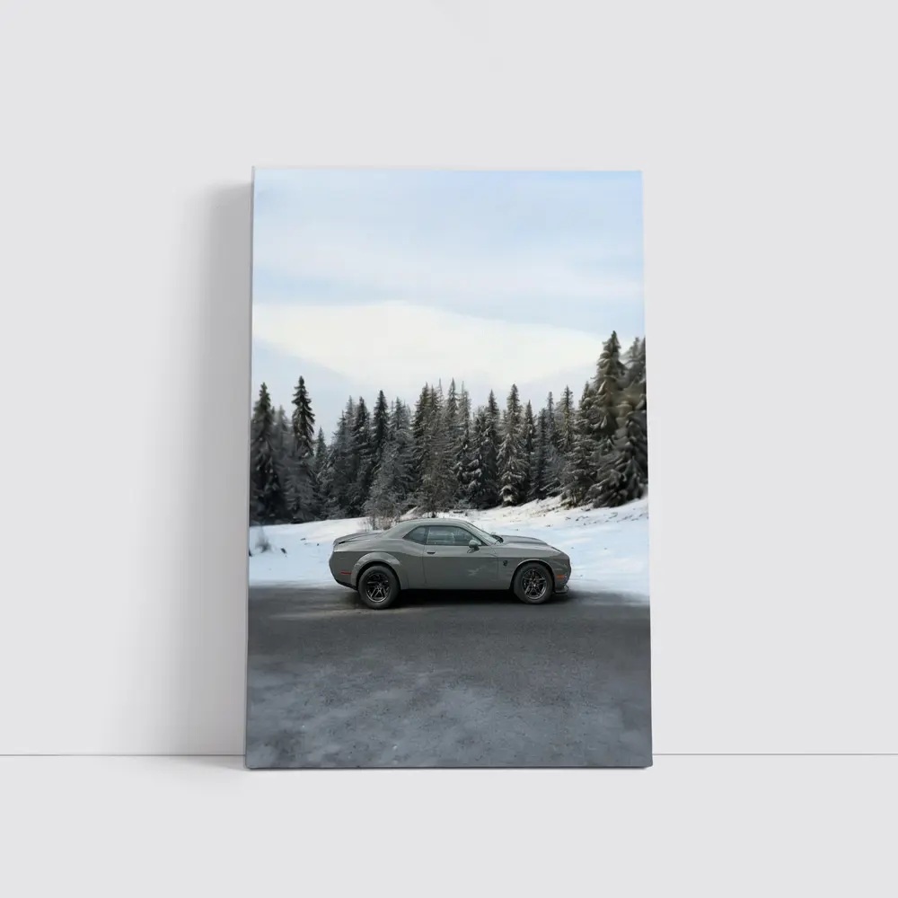 Dodge Challenger Gray Muscle Car Winter Forest – Wall Art