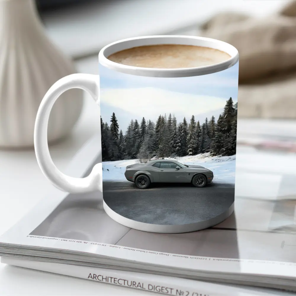 Dodge Challenger Gray Muscle Car Winter Forest – Mugs
