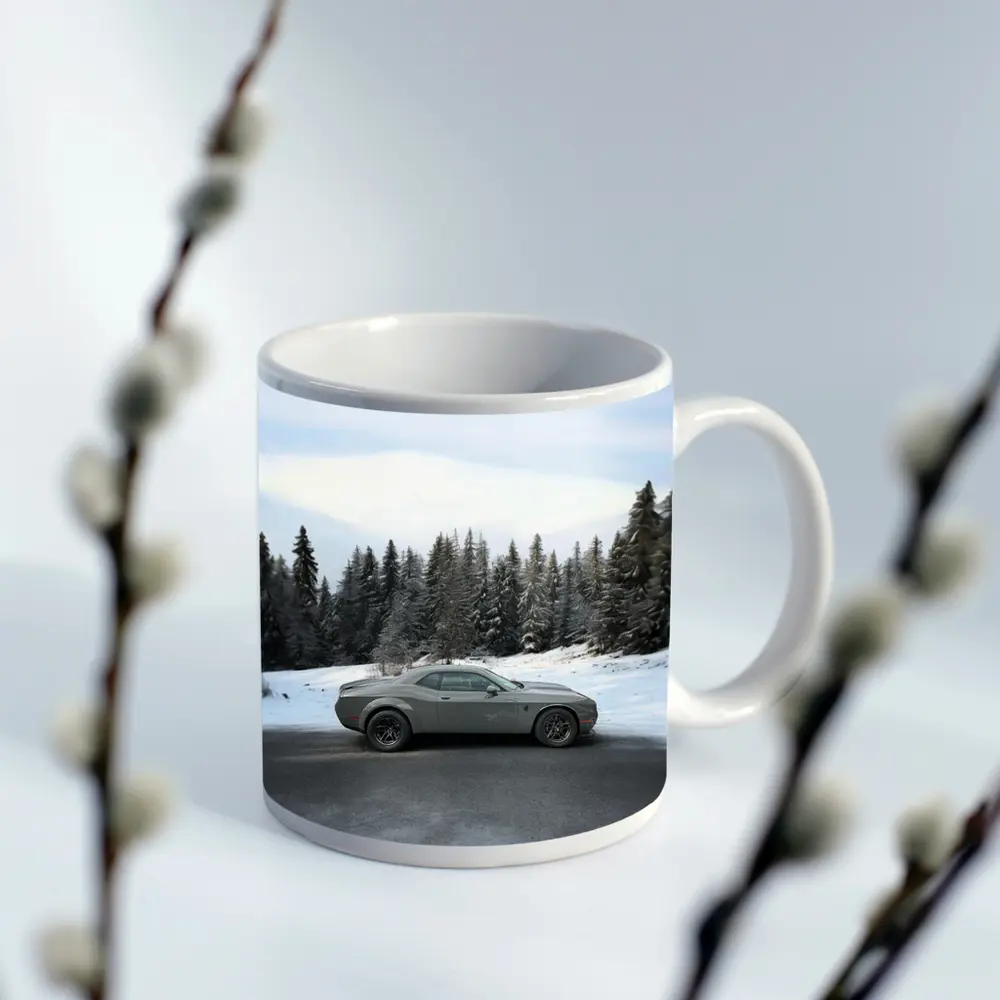 Dodge Challenger Gray Muscle Car Winter Forest – Mugs