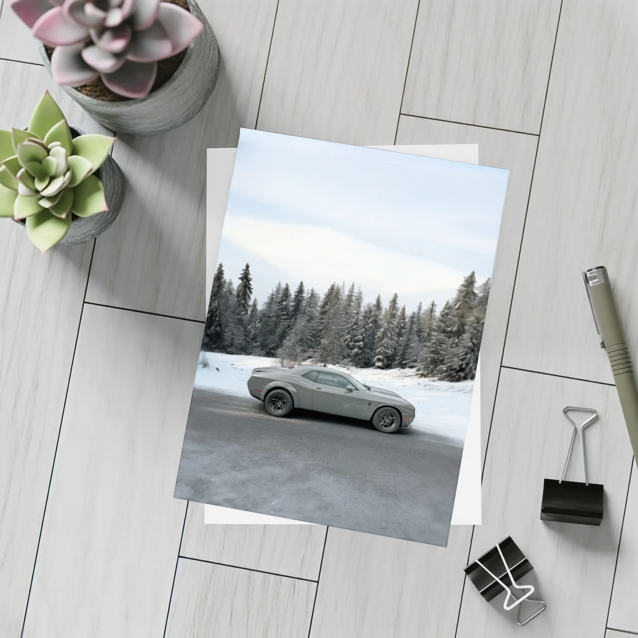 Dodge Challenger Gray Muscle Car Winter Forest – Postcards