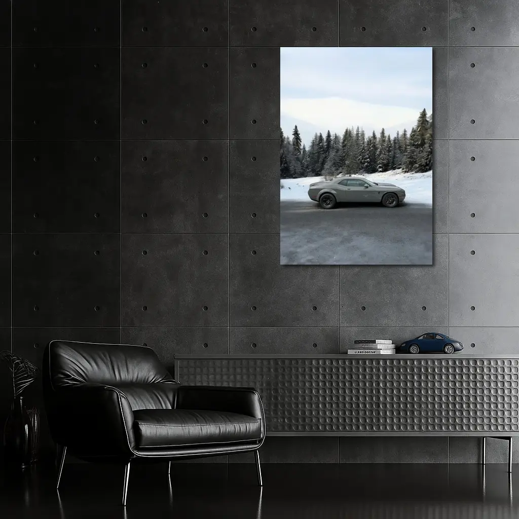Dodge Challenger Gray Muscle Car Winter Forest – Wall Art