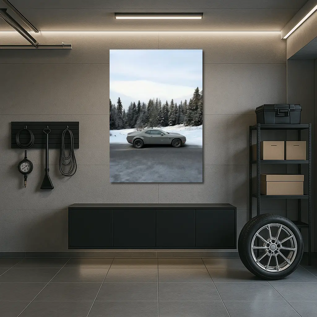 Dodge Challenger Gray Muscle Car Winter Forest – Wall Art