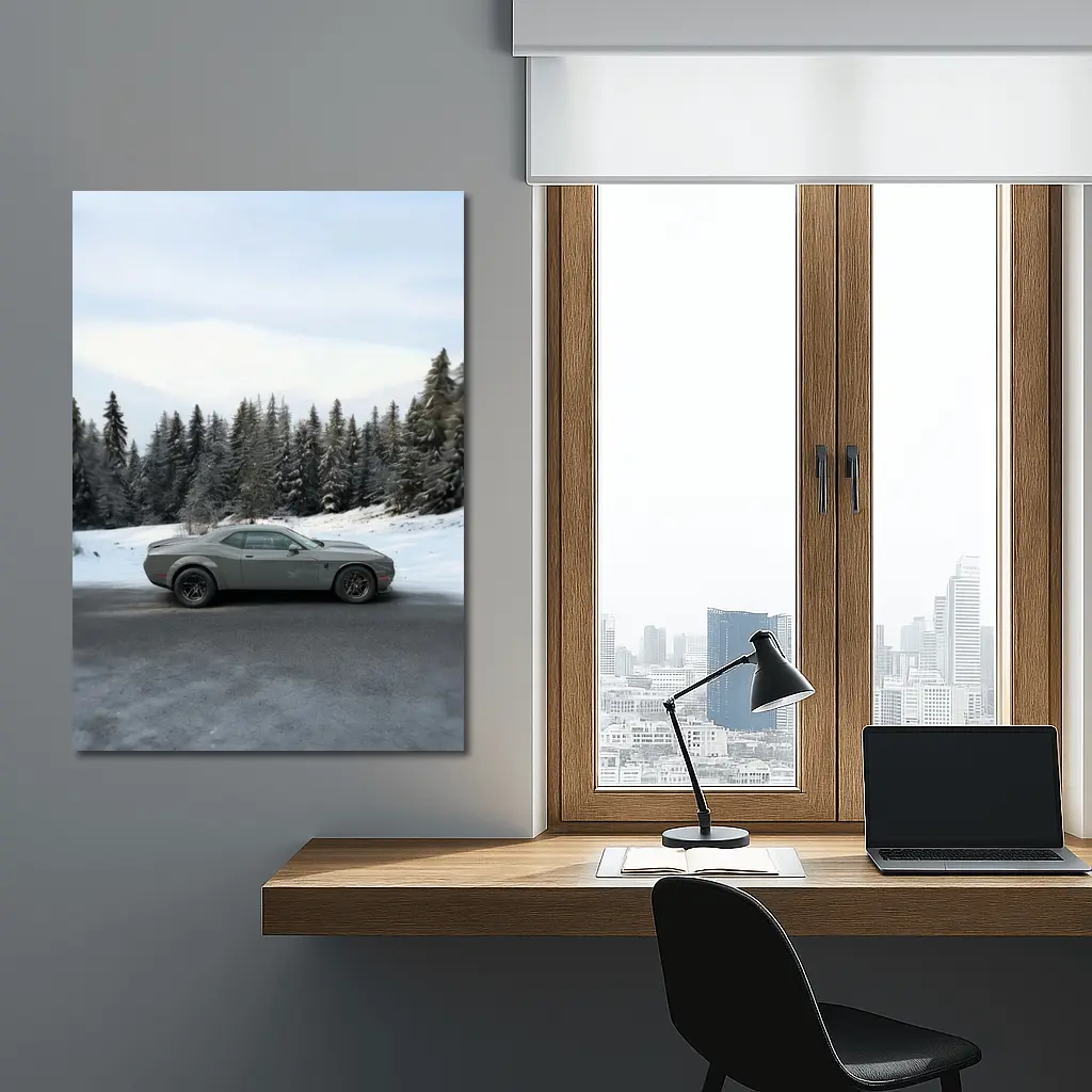 Dodge Challenger Gray Muscle Car Winter Forest – Wall Art