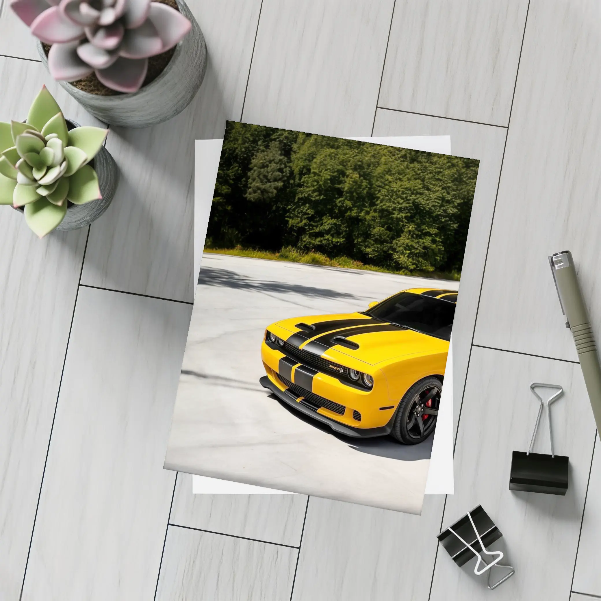 Dodge Challenger SRT Yellow Black Stripes Forest – Postcards