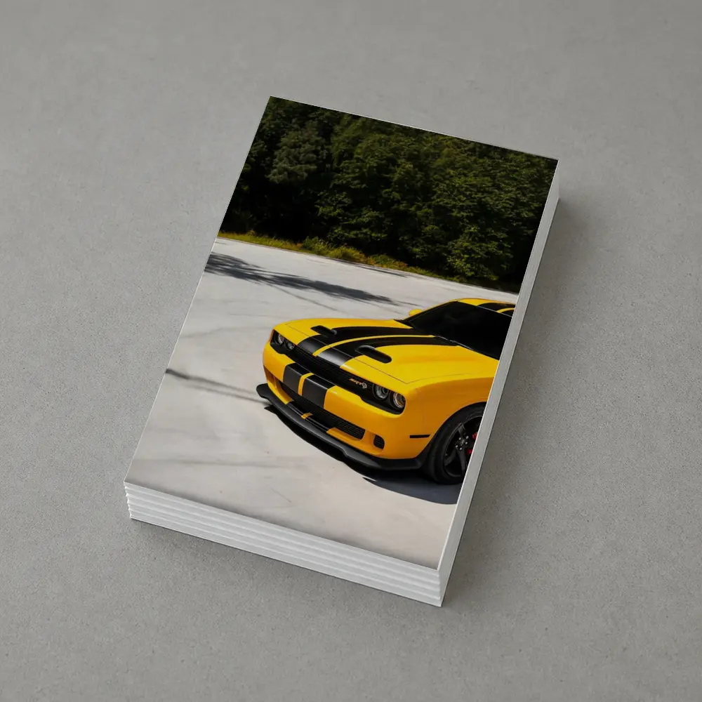 Dodge Challenger SRT Yellow Black Stripes Forest – Postcards