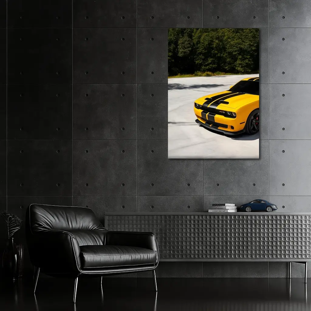 Dodge Challenger SRT Yellow Black Stripes Forest – Wall Art