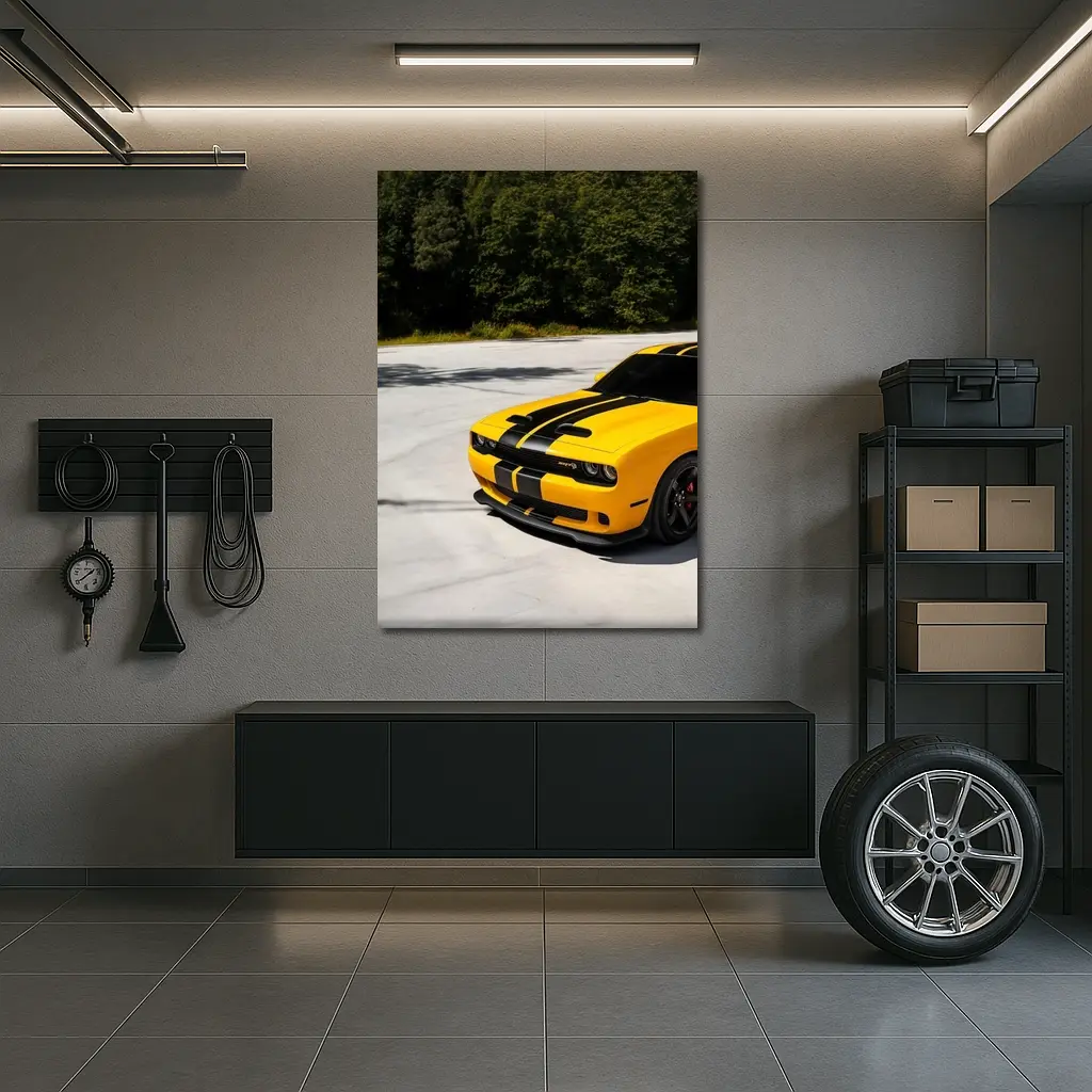 Dodge Challenger SRT Yellow Black Stripes Forest – Wall Art