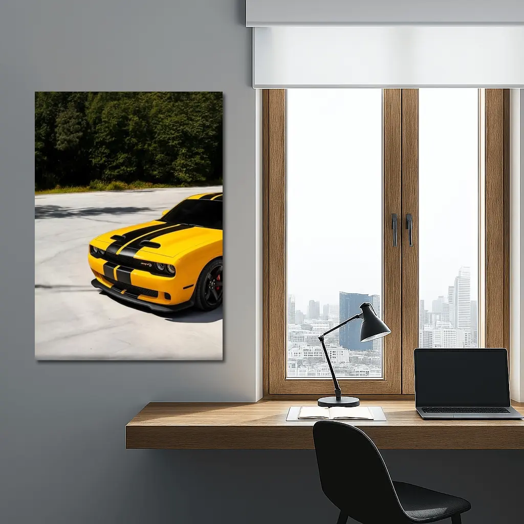 Dodge Challenger SRT Yellow Black Stripes Forest – Wall Art
