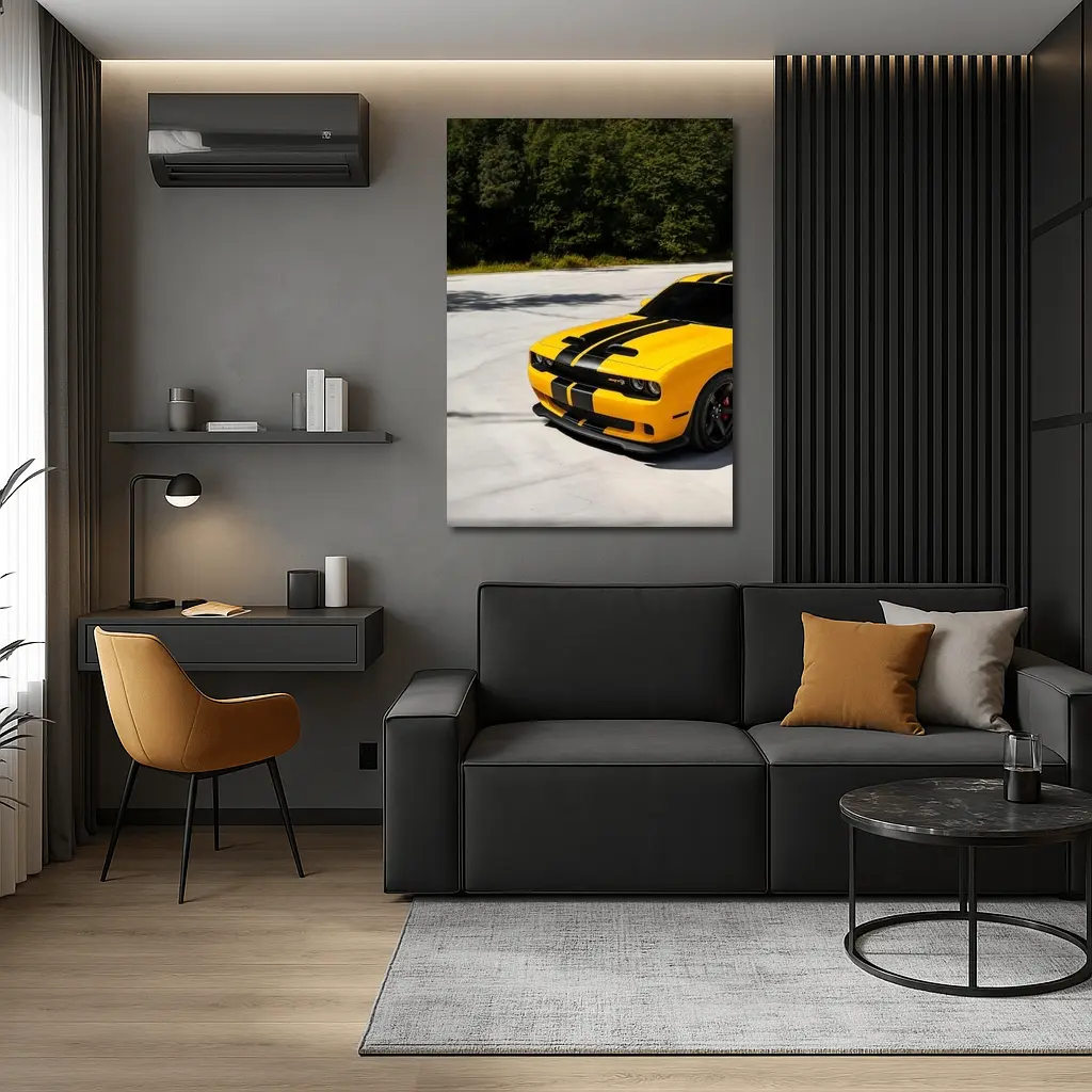 Dodge Challenger SRT Yellow Black Stripes Forest – Wall Art