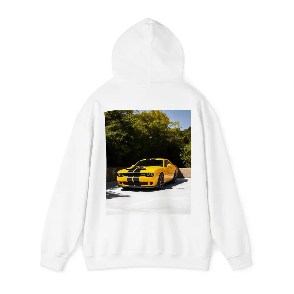 Dodge Challenger SRT Yellow Muscle Car Outdoors – Hoodies