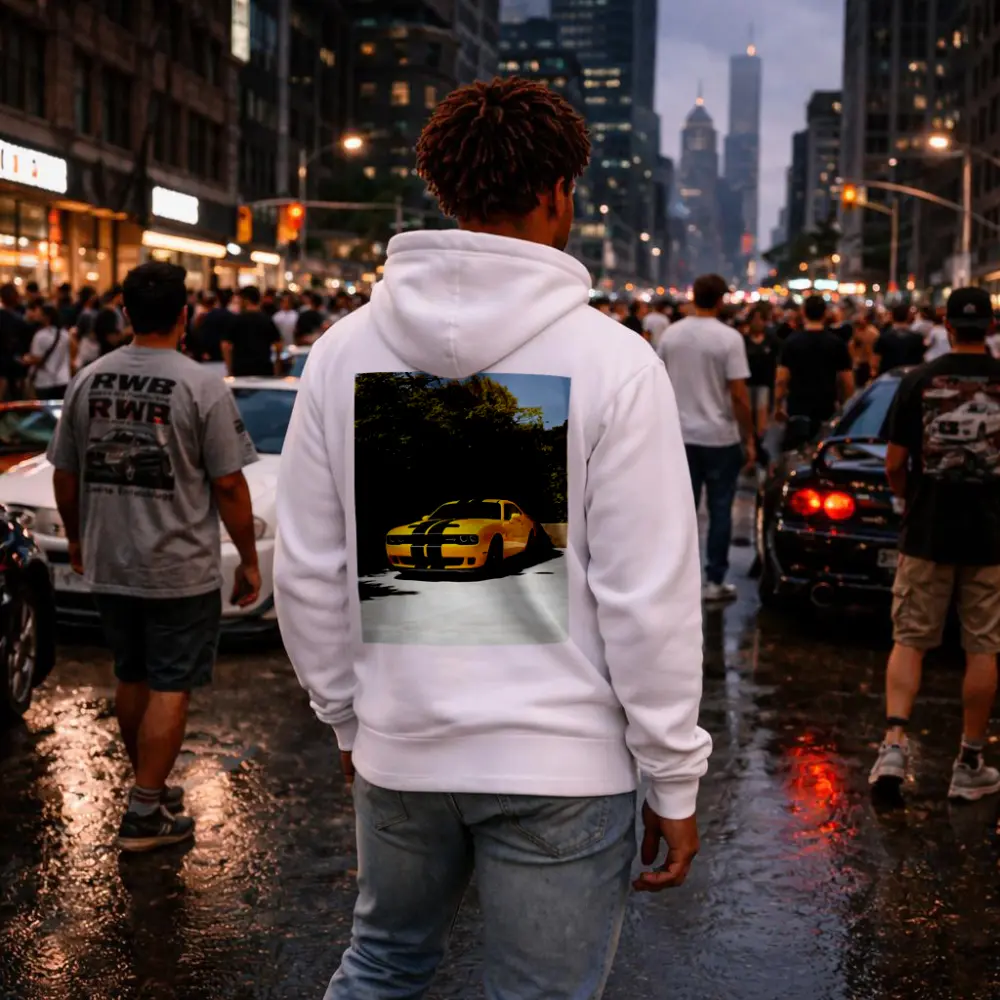 Dodge Challenger SRT Yellow Muscle Car Outdoors – Hoodies