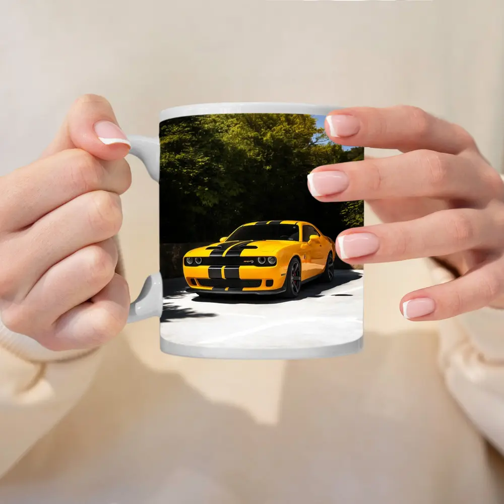 Dodge Challenger SRT Yellow Muscle Car Outdoors – Mugs