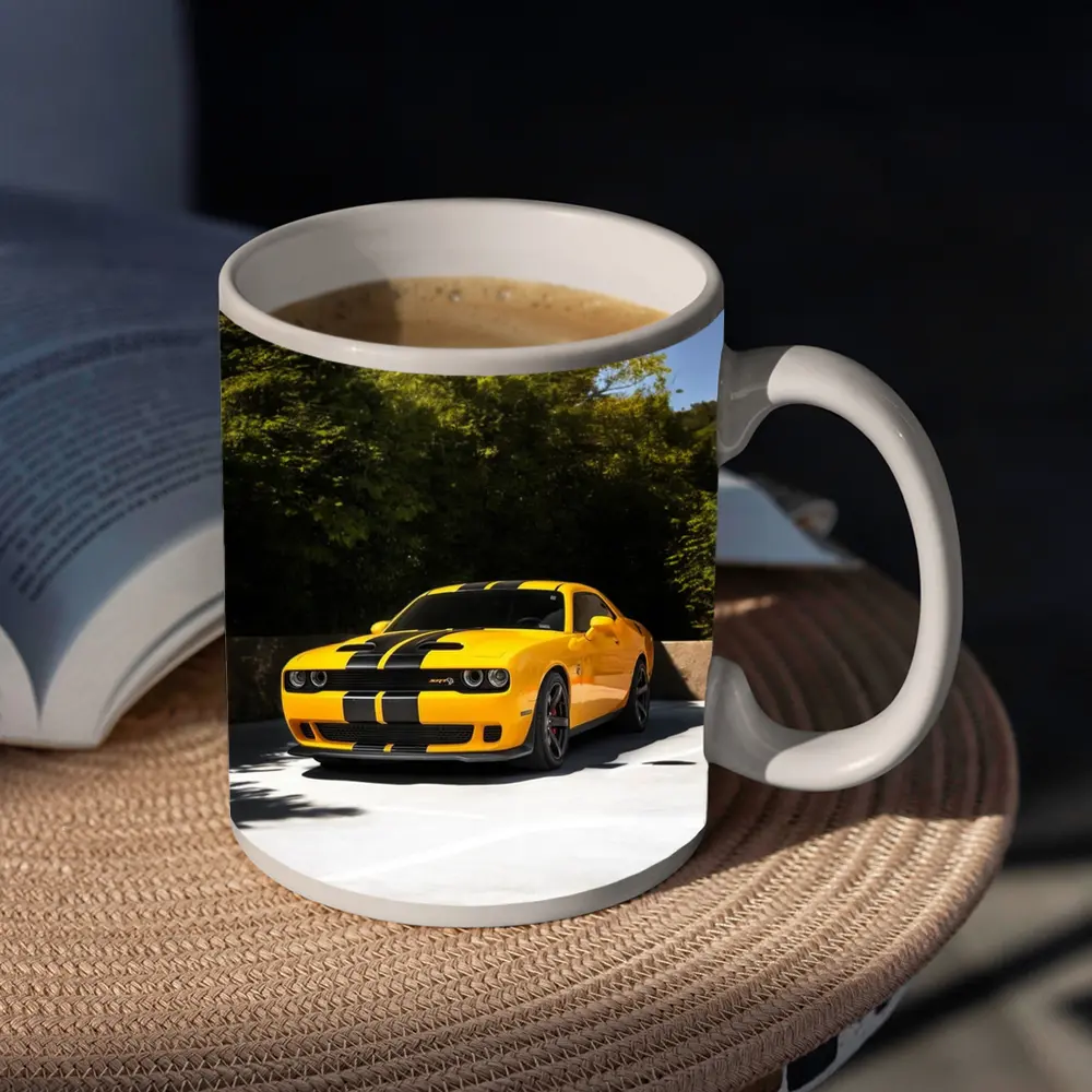 Dodge Challenger SRT Yellow Muscle Car Outdoors – Mugs