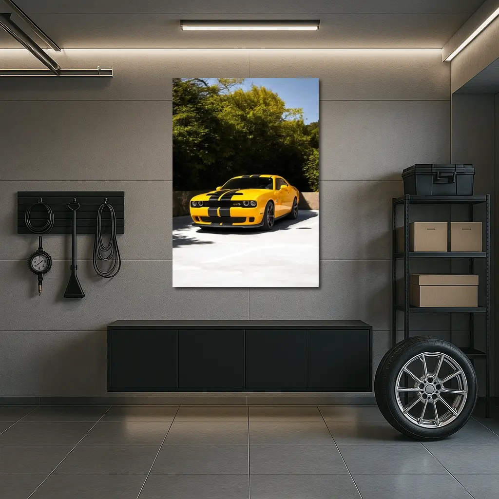 Dodge Challenger SRT Yellow Muscle Car Outdoors – Wall Art