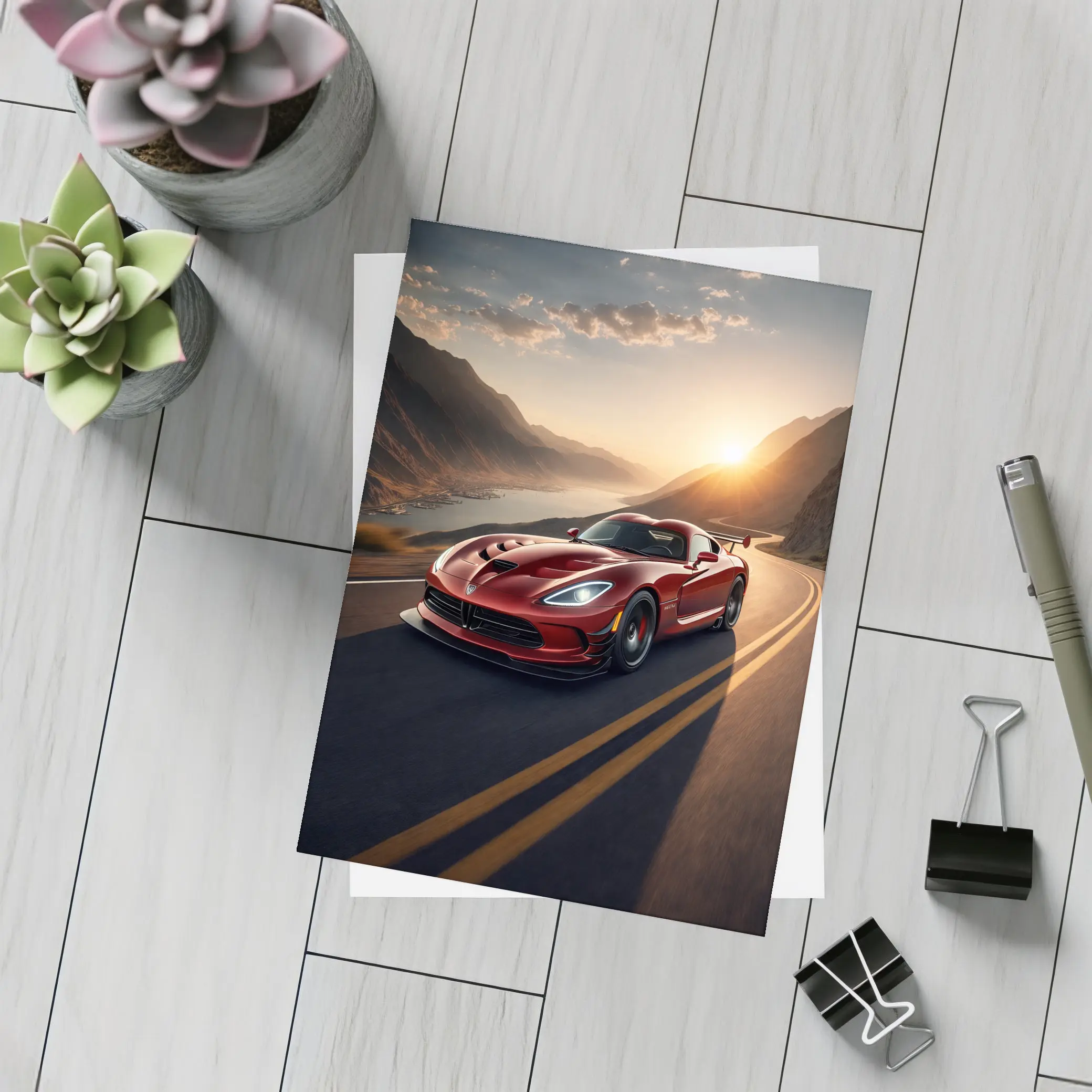 Dodge Viper Driving Mountain Road At Sunset – Postcards