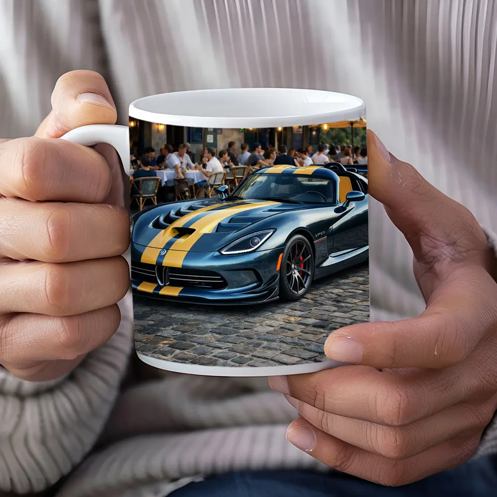 Dodge Viper Blue Yellow Stripes Cobblestone Street – Mugs