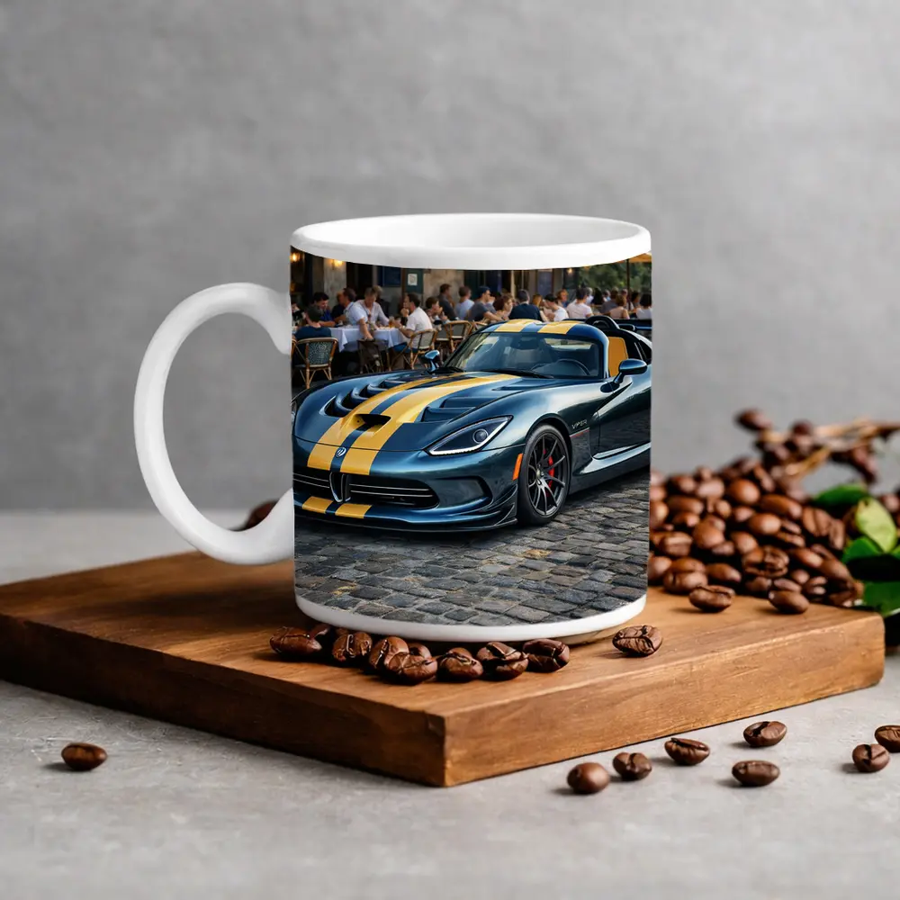Dodge Viper Blue Yellow Stripes Cobblestone Street – Mugs