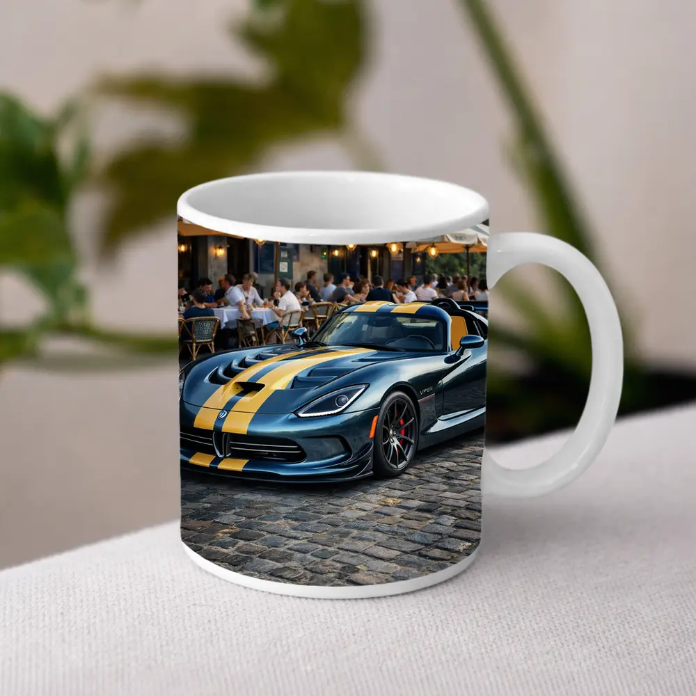 Dodge Viper Blue Yellow Stripes Cobblestone Street – Mugs