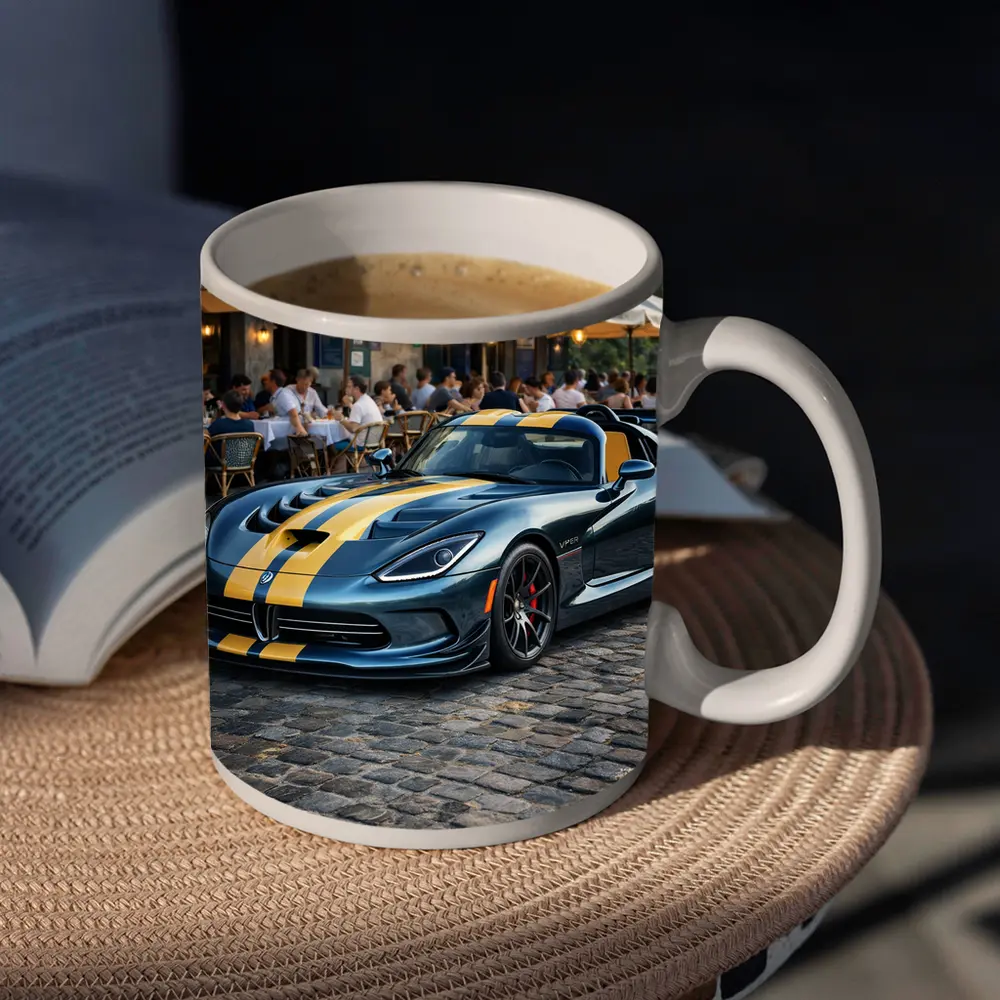 Dodge Viper Blue Yellow Stripes Cobblestone Street – Mugs