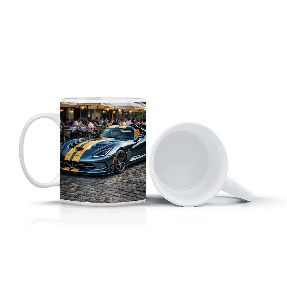 Dodge Viper Blue Yellow Stripes Cobblestone Street – Mugs