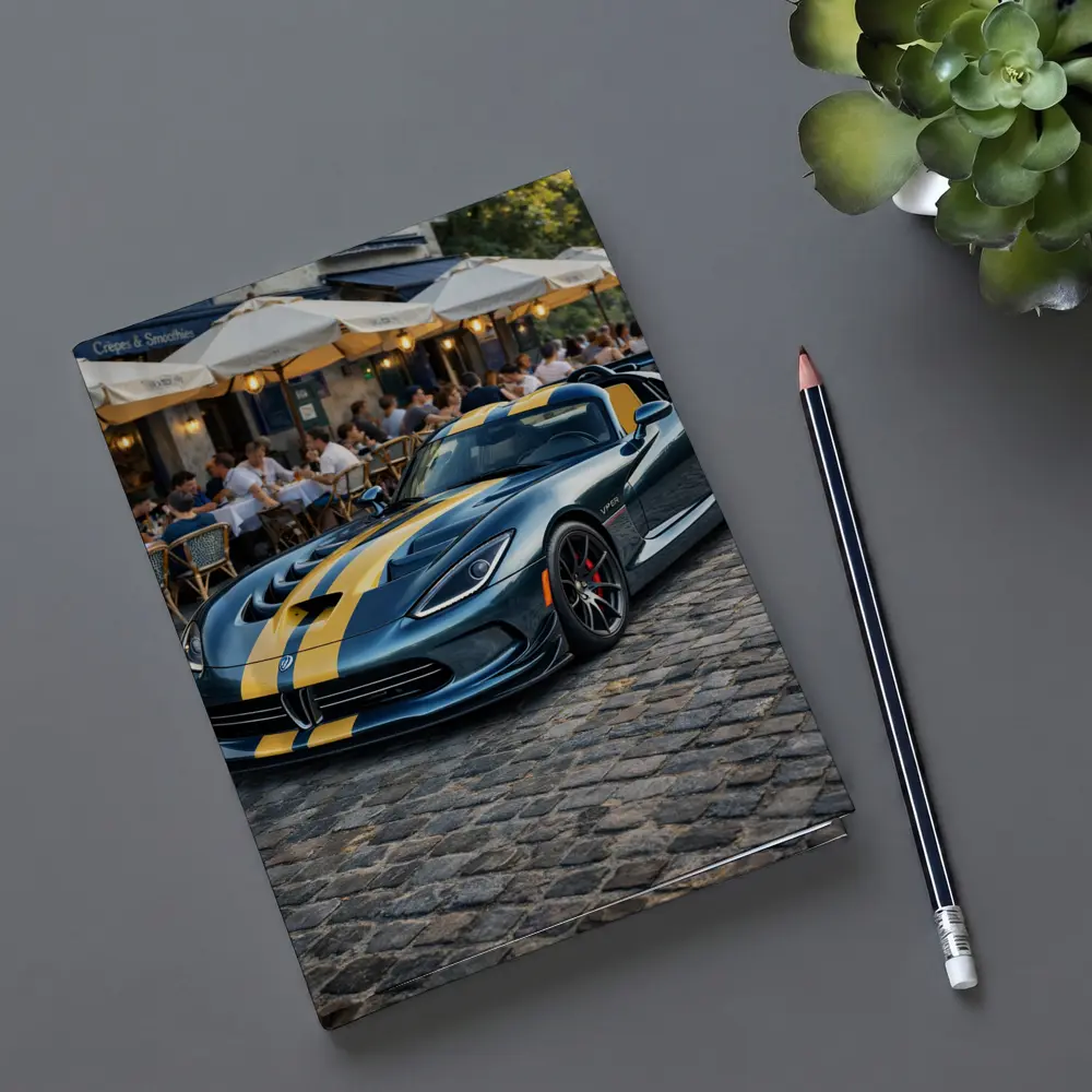 Dodge Viper Blue Yellow Stripes Cobblestone Street – Notebooks