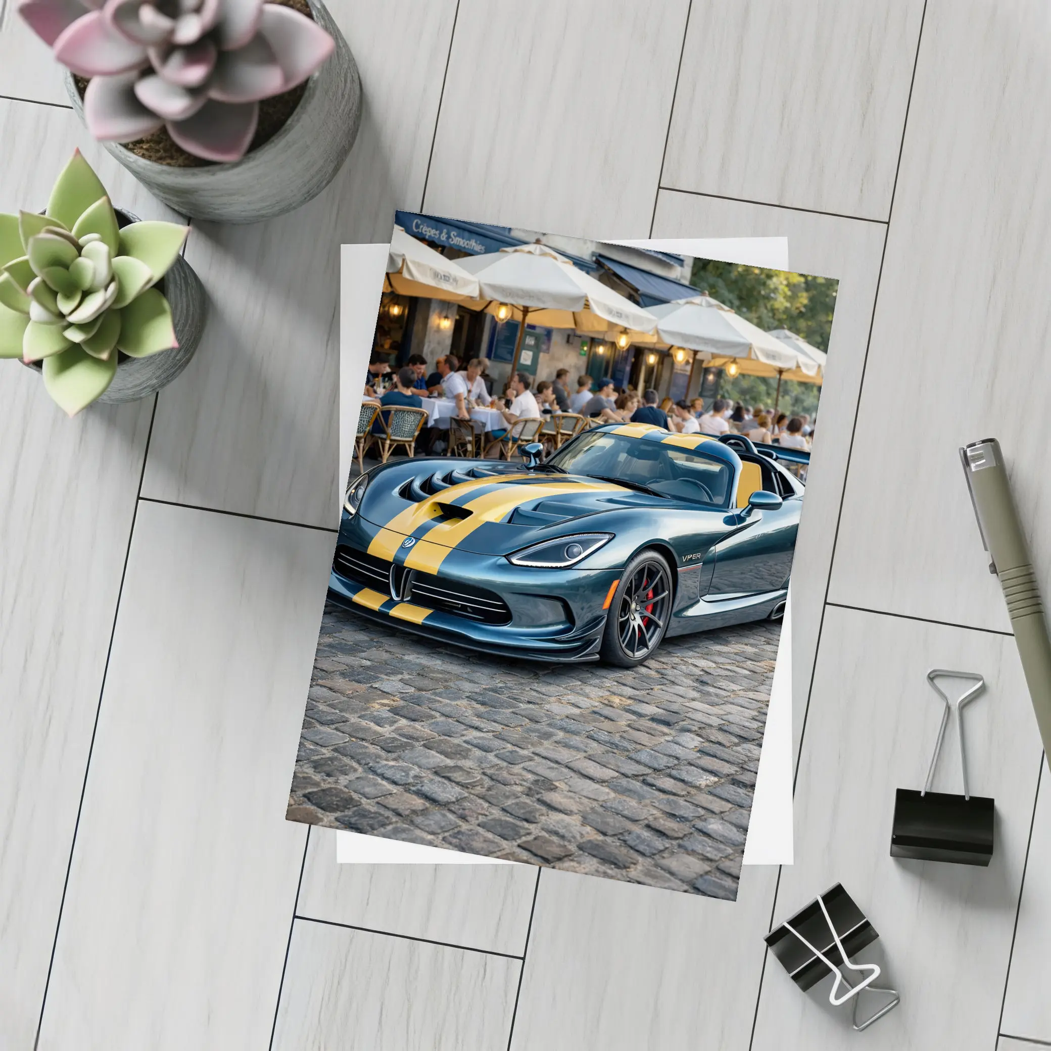 Dodge Viper Blue Yellow Stripes Cobblestone Street – Postcards
