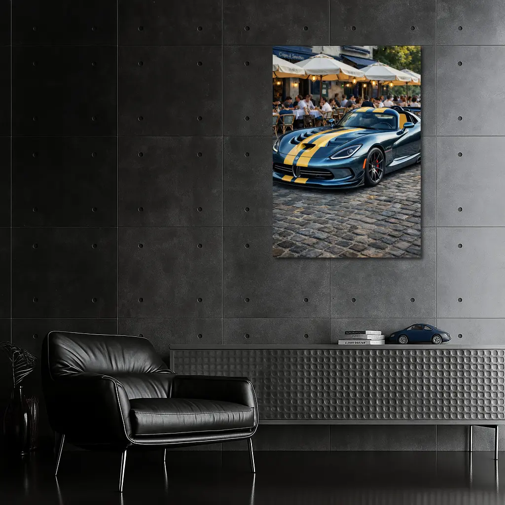 Dodge Viper Blue Yellow Stripes Cobblestone Street – Wall Art