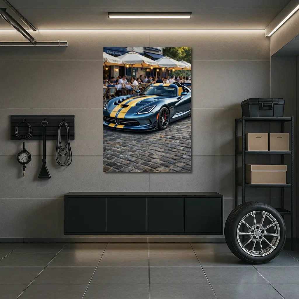 Dodge Viper Blue Yellow Stripes Cobblestone Street – Wall Art