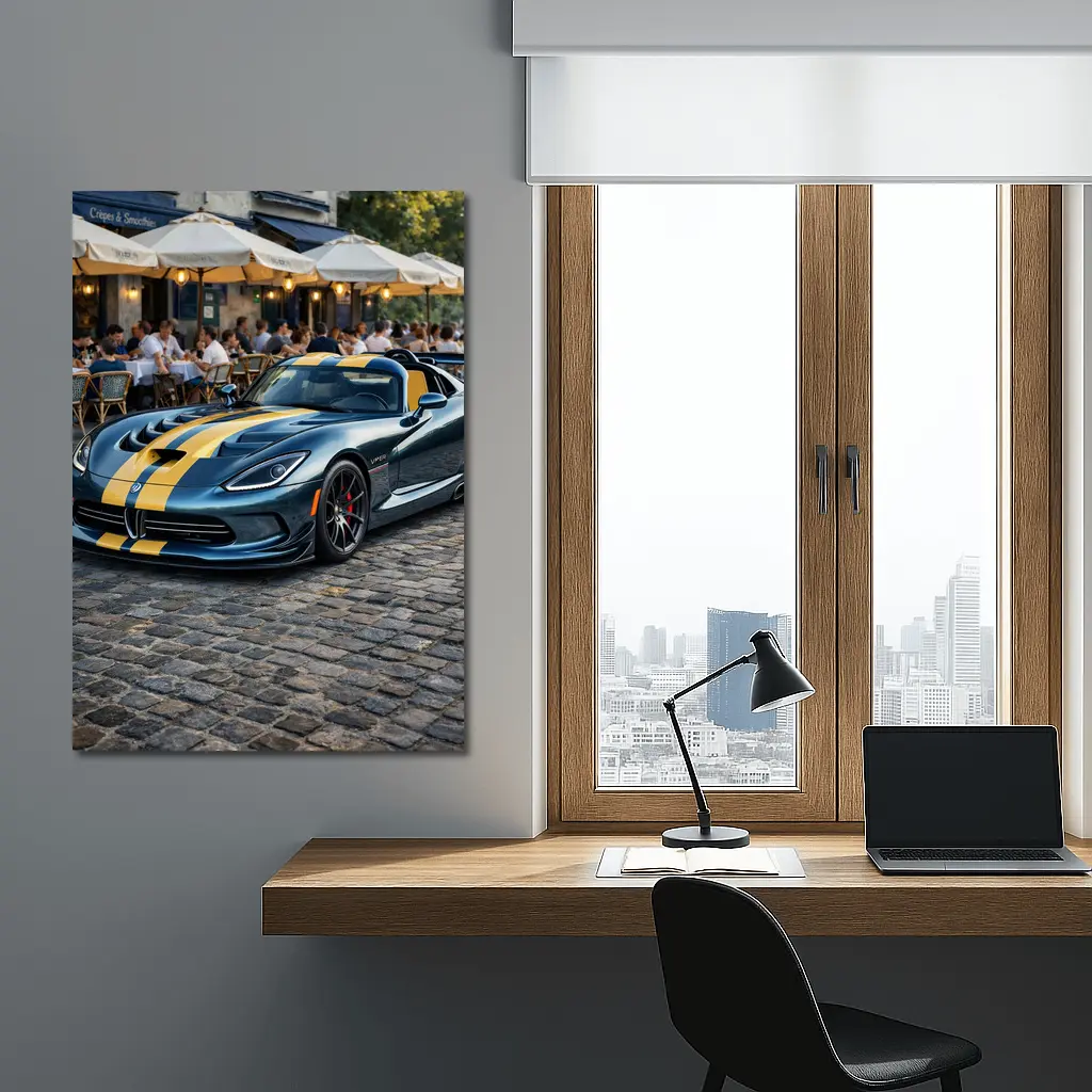 Dodge Viper Blue Yellow Stripes Cobblestone Street – Wall Art