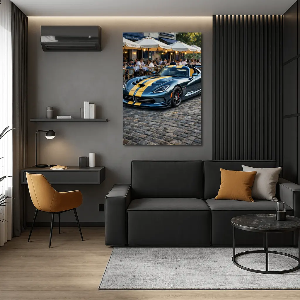 Dodge Viper Blue Yellow Stripes Cobblestone Street – Wall Art